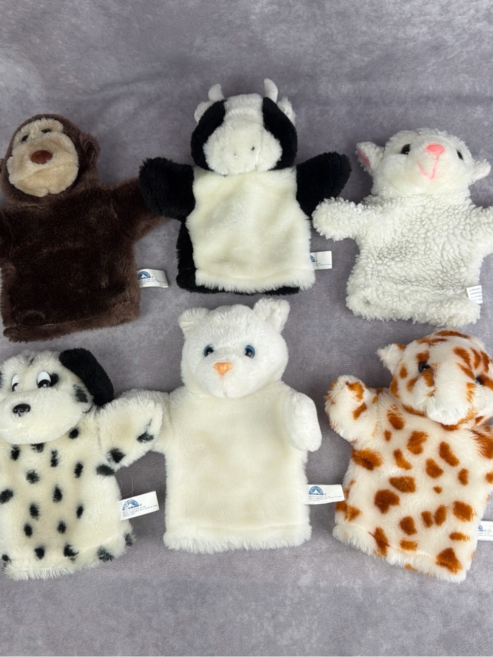 VTG Oriental Trading Plush Hand Puppet Lot 6 Bear Cow Lamb Dog Cat Giraffe